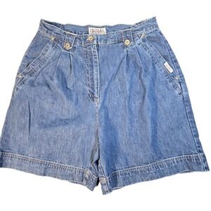 Bill Blass Vintage 90s High Waisted Pleated Denim Shorts Blue Cotton Womens 14